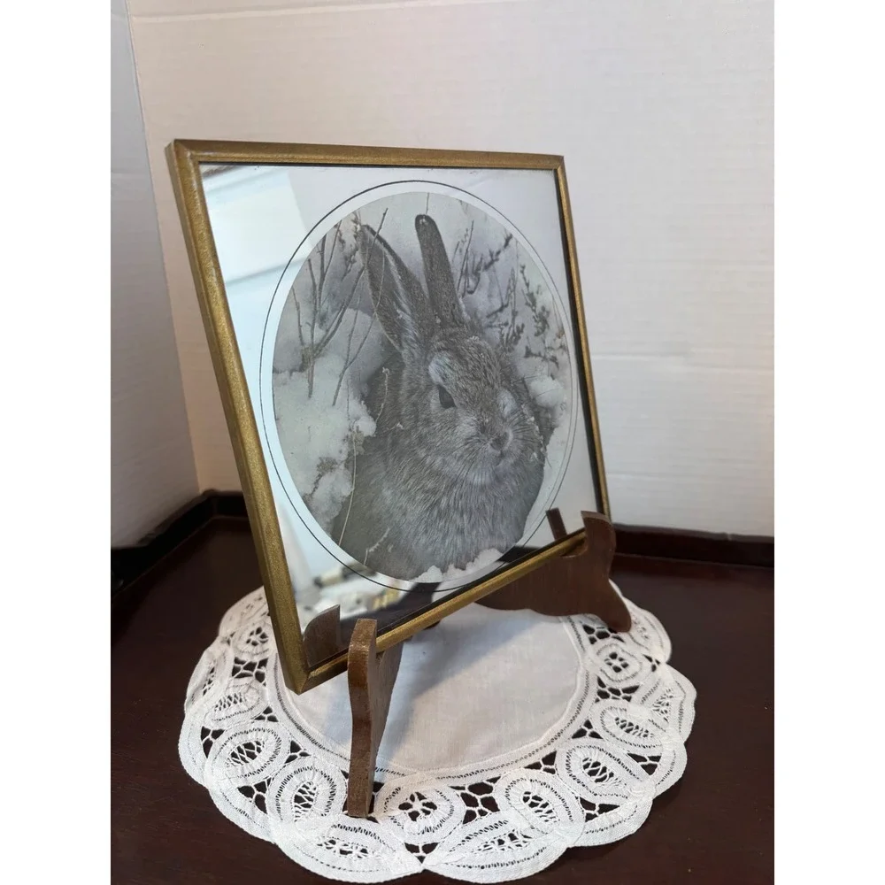Vintage Etched Mirror Rabbit Art Gold Frame Bunny Snow Scene Nature Decor 8x8